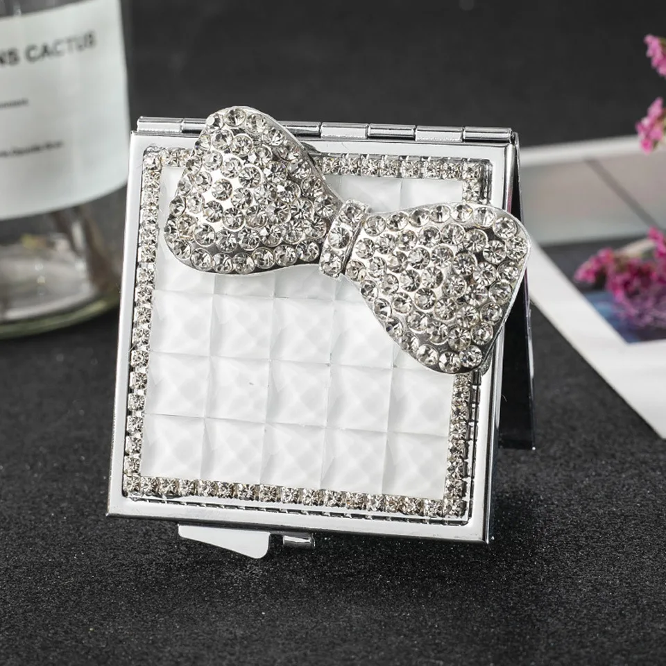 

Square Metal Exquisite Folding Portable Small Mirror with Diamond Sticker Bow High-end Home Decoration Mirror Unique gift