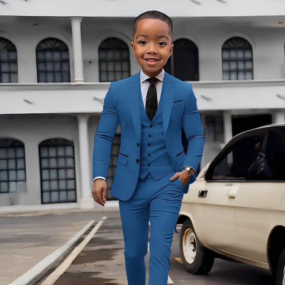 

Классический синий костюм для мальчика, куртка, брюки, жилет, костюм из трех предметов, блейзер на заказ, детский смокинг для свадебного ужина для мальчиков