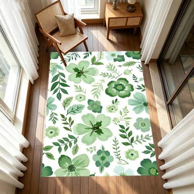 Green Watercolor Floral White Background Carpet Floor Fresh Floral Non-Slip Carpet Suitable for Bedroom and Living Room