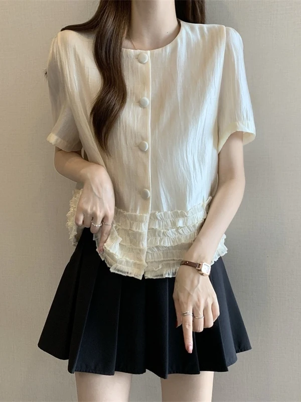 

French Style Loose Fit Short Sleeve Shirt Women's Summer Fashion Large Size PPMM Luxury Sensation Wood Grain Short Top