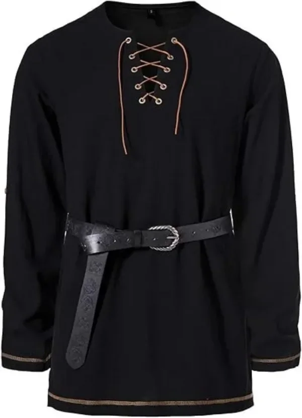 Mittelalterliches Schnürhemd für Herren mit Gürtel, langärmelig, Vintage-Piraten-Wikinger-Oberteil, Halloween-Cosplay-Kostüm, lässige Bluse – Detail 13