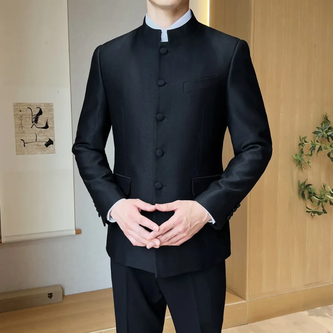 2 Pieces Men Chinese Style Slim Fit Stand Collar Wedding Groom Wear Party Ceremony Tuxedo Suits Sets Jacket Pant Costume