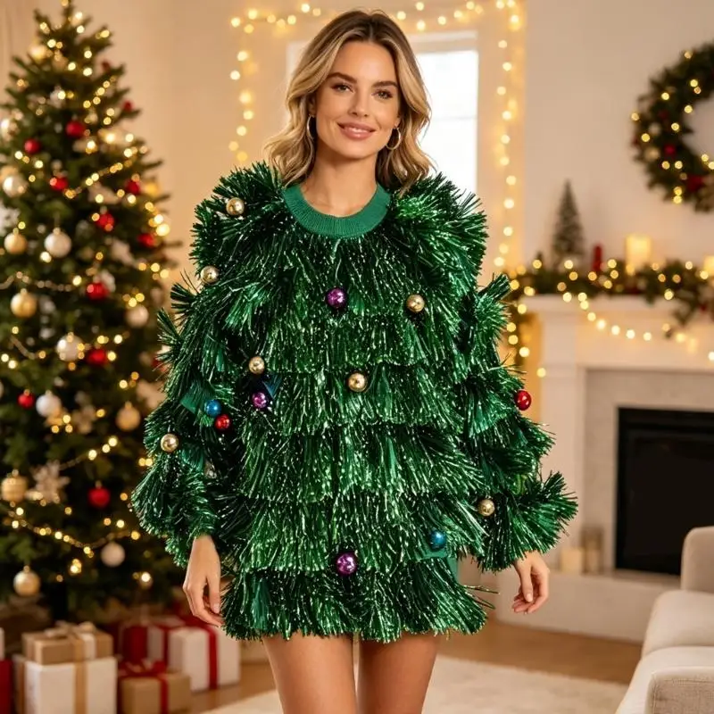 A52E Tree Theme Costume Top with Long Sleeves for Christmas Parties