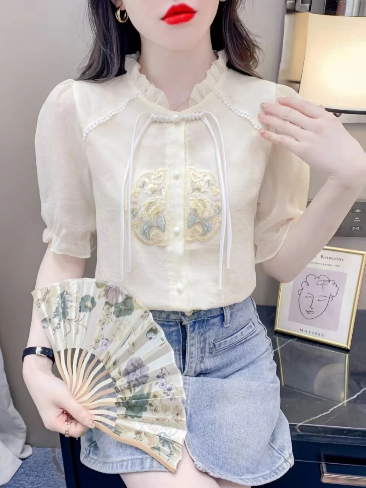 

New Chinese Style Short Sleeve Embroidered Shirt Women's Slim Fit Fashionable round Neck Button up Polyester Fiber Shirt