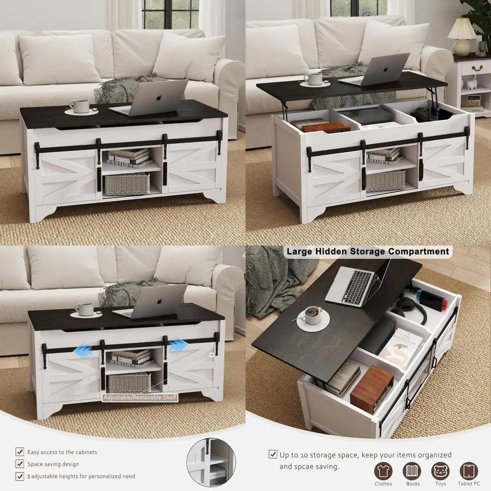 Rustic White Farmhouse-Style Coffee Table with Lift Top and Sliding Barn Door Storage