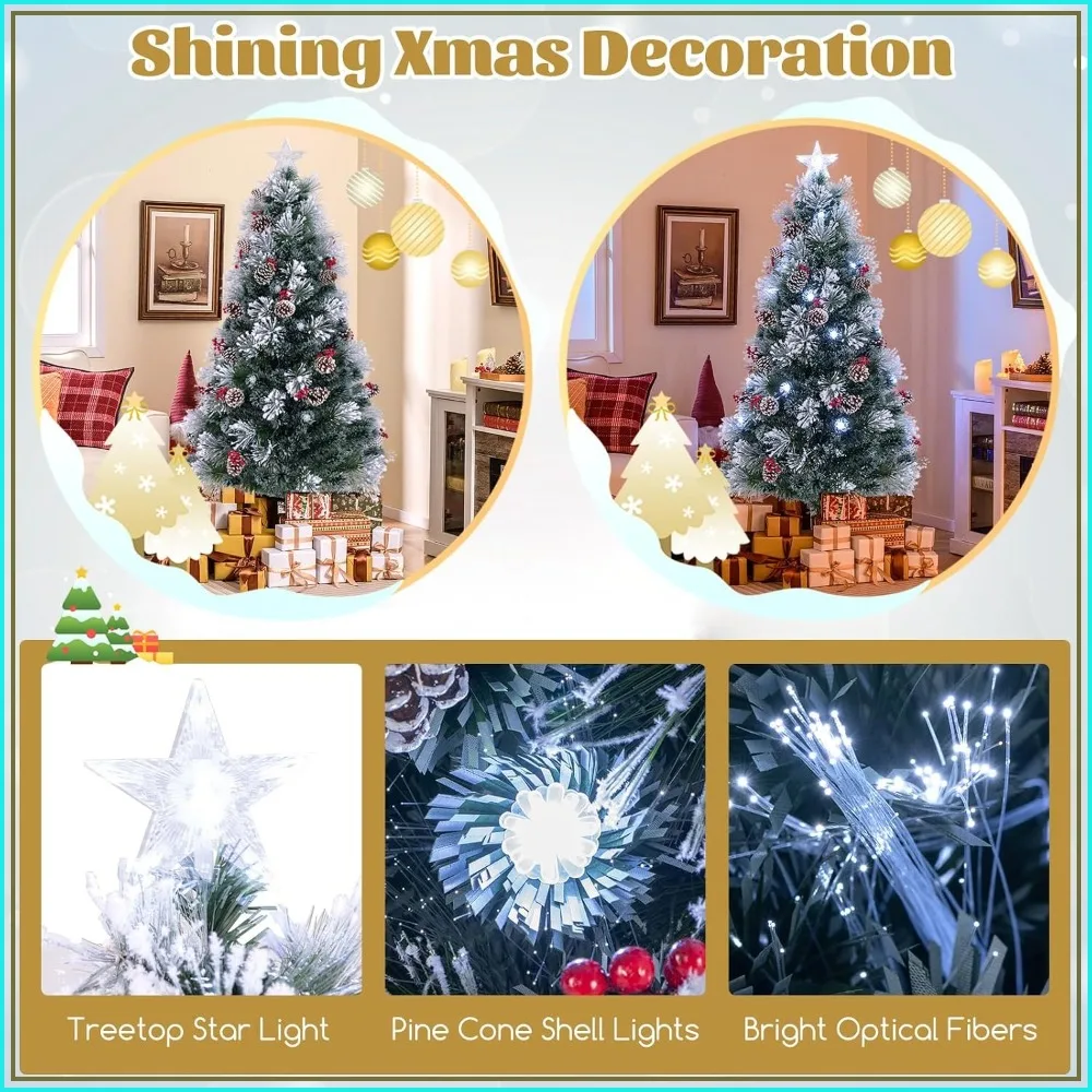 7FT Snow Flocked, Fiber Optic, Pine Needles Artificial Christmas Tree Indoor Holiday Decoration