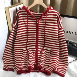 Autumn Winter Red Stripes Hooded Knit Cardigan Woman Korean Fashion Loose Casual Sweater Zipper Coat Oversized Long Sleeve Top