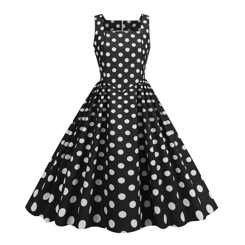 2025 Dot Print Square Neck Women Dress Retro A-line Big Swing Tight High Waist Sleeveless 50s60s Party Prom Ball Gown Midi Dress