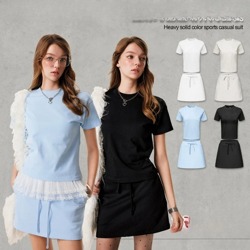 

Летний комплект 2026: футболка с коротким рукавом и спортивная юбка А-силуэта, корейский стиль, для девушек, модный костюм-двойка