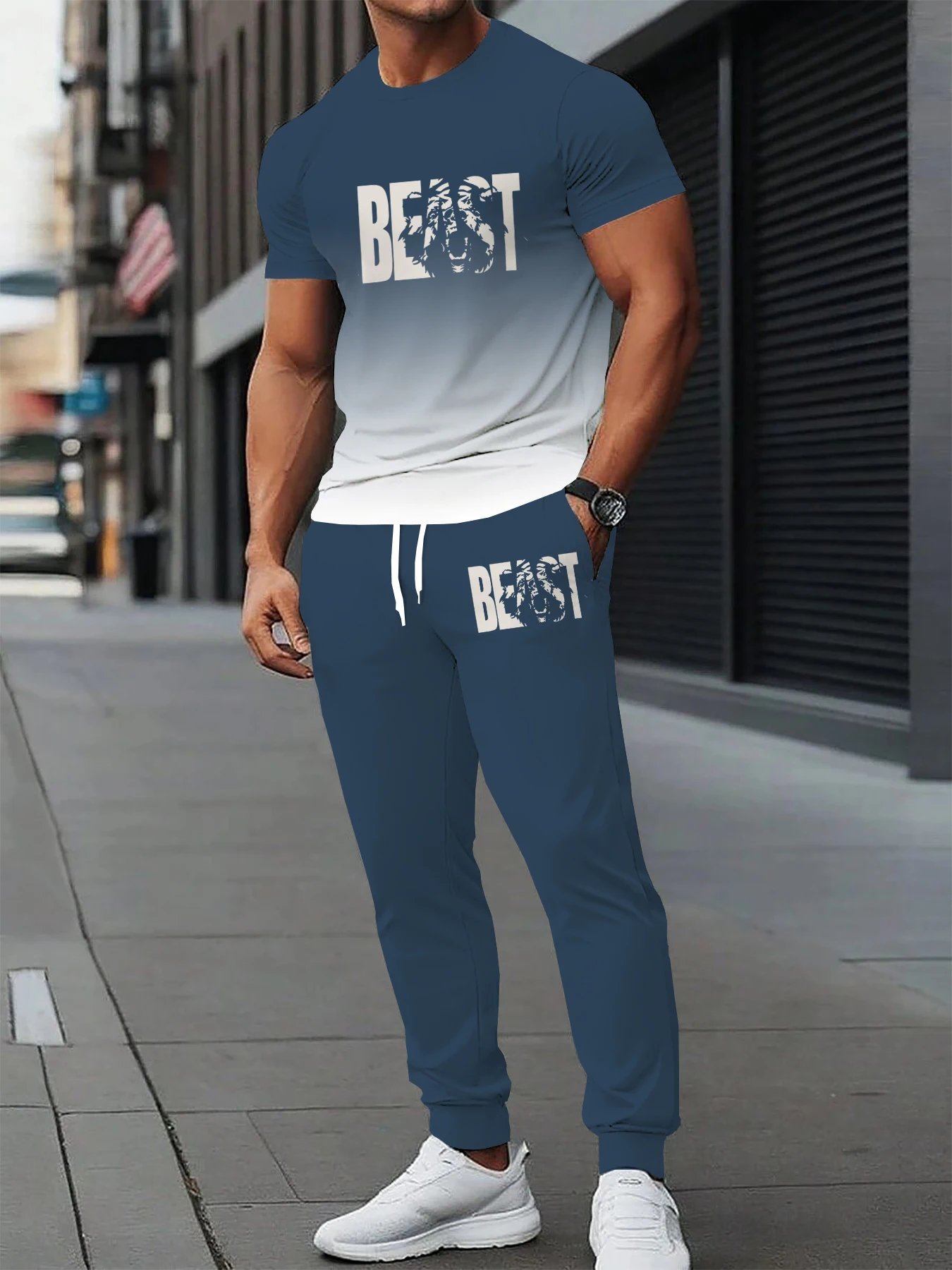 

Summer Men's Set Polyester Sports and Leisure Round Neck with Micro Elastic Knitted Short Sleeve T-shirt and Pants 2-piece Set