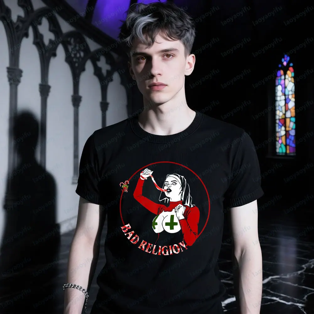 

Футболка Bad Nun Religion, лучшая идея подарка, футболка Evil Nun, подарки на Рождество и Хэллоуин, рубашка, мужские топы в стиле гот, Харадзюку, панк