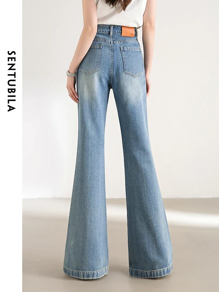 Sentubila cintura alta queimado jeans feminino 2025 primavera conforto calças de comprimento total casual solto algodão denim calças compridas w41n53622