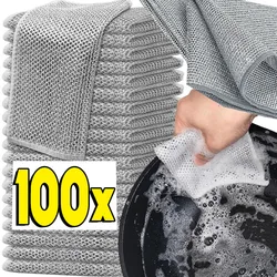 100/1pcs Thickened Steel Wire Cleaning Cloth Non-Scratch Double-layer Microfiber Mesh Wire Rags Washing Dishcloth Kitchen Towel