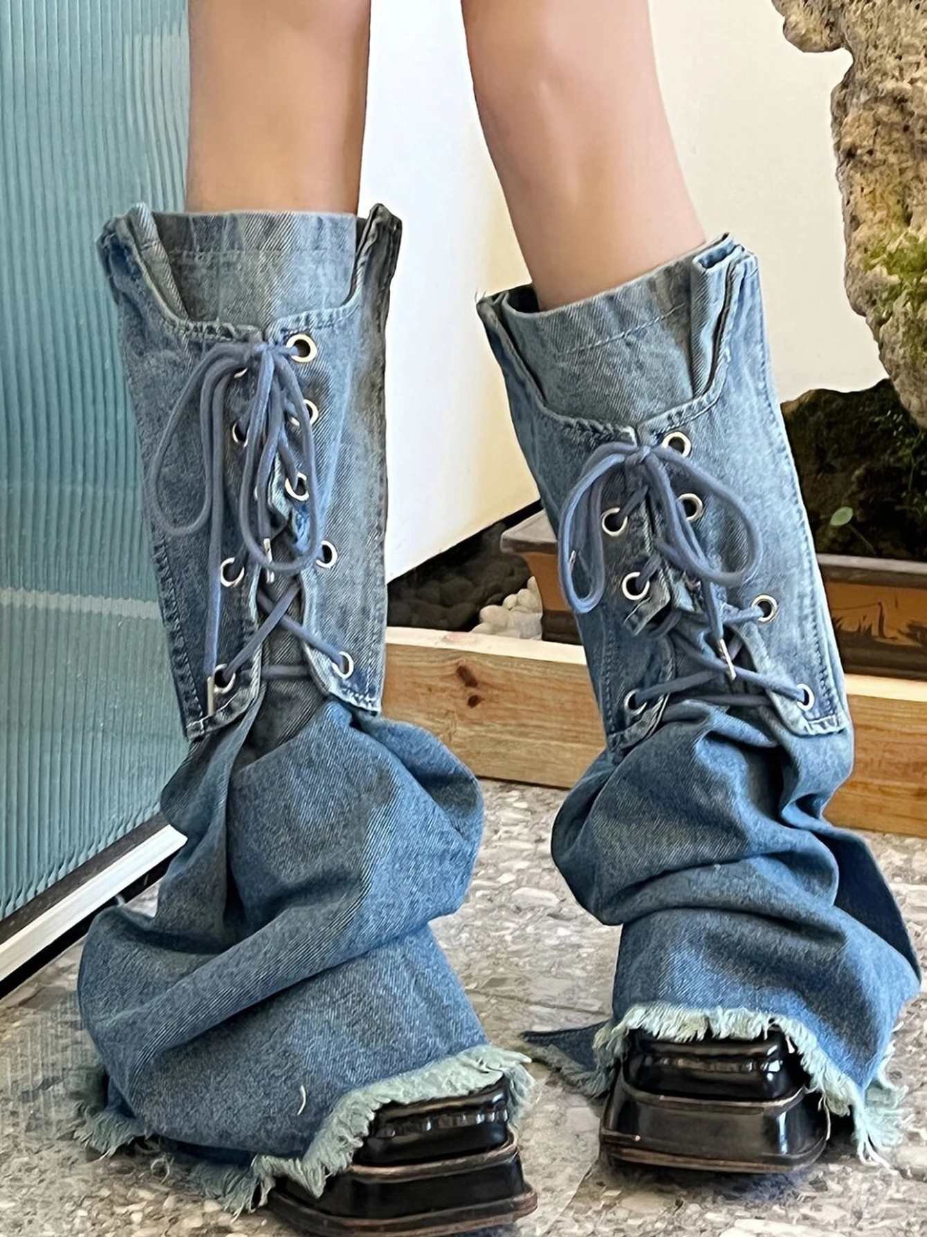 REDDACHiC Gradient Blue Denim Women Leg Warmers with Slit Frayed Boots Cover Lace-up Long Socks Harajuku Grayu Y2k Streetwear