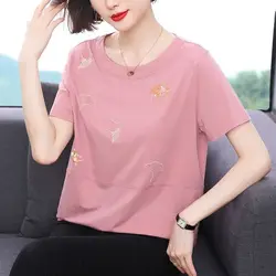 Simplicity Casual Summer New Women's O-Neck Pure Cotton Embroidered Patchwork Fashion Versatile Loose Short Sleeve T-Shirts Tops