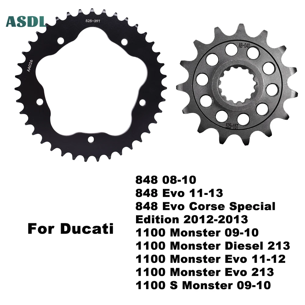 

525 Chain 39T 15T Motorcycle Front and Rear Sprocket for 848 Evo 2011-2013 1100 Monster Diesel Evo 1100 S Monster 2009-2010