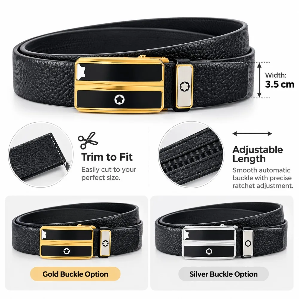 Men's Leather Belts Genuine Cowhide 3.5cm Automatic Buckle Dress Belt Textured Black Leather Adjustable Cut-to-Fit Business Gift
