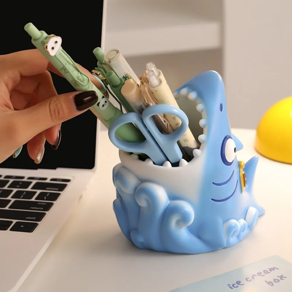 Study Room Cartoon Shark Pen Holder Creative Novelty Resin Pen Holder Desktop Decoration Cute Stationery Storage Box Office
