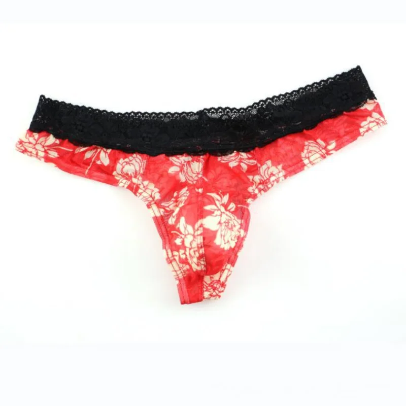 Jockstrap Men Underwear Lace Floral Printed Low-Rise Thong Sexy Transparent String Bikini Underpants Enhance T-Back Homme Slip