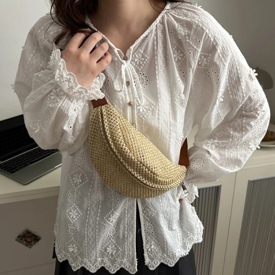 Summer Straw Waist Bag Chest Bag Waist Pouch Cross- Body Pouch Sling Bag Travel Imitation Straw Woven Waist Bag Purses Beach Bag