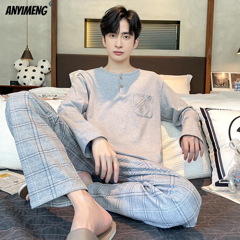 Fashion Sleepwear Young Man\'s Pajama Set Black Plaid Cool Stylish Korean Pijamas Long Sleeved Autumn Winter Leisure Homewear 4xl