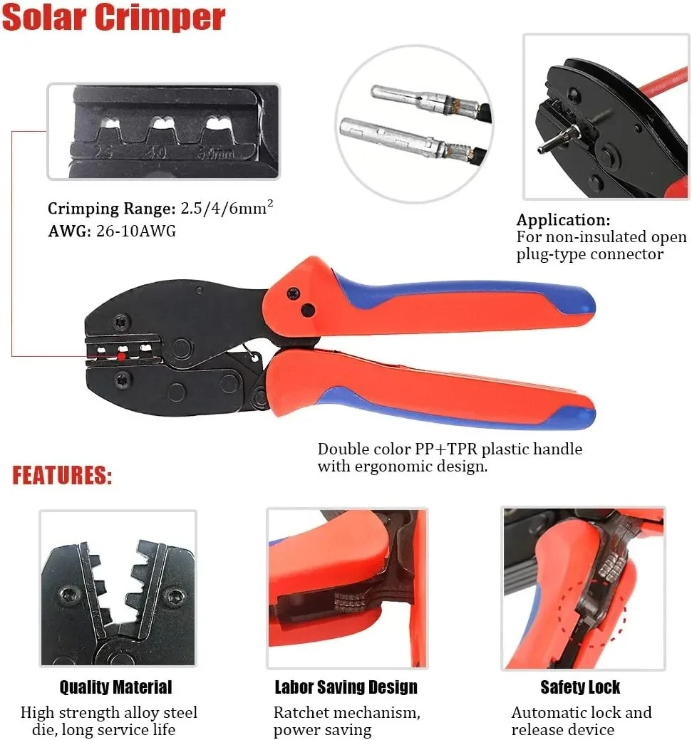 Solar PV Crimping Tool Kit For AWG14-10 2.5/4/6mm² With Stripper,Wire Cable Cutter,Solar Spanner,Solar Connectors