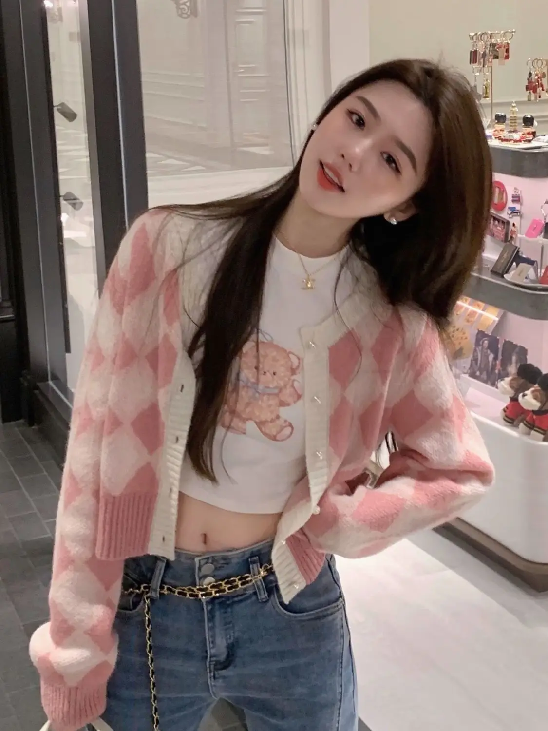 Korejpaa ピンク市松ニットカーディガン女性初秋レトロ薄型トップスショートジャケット優しい甘いセーターコート