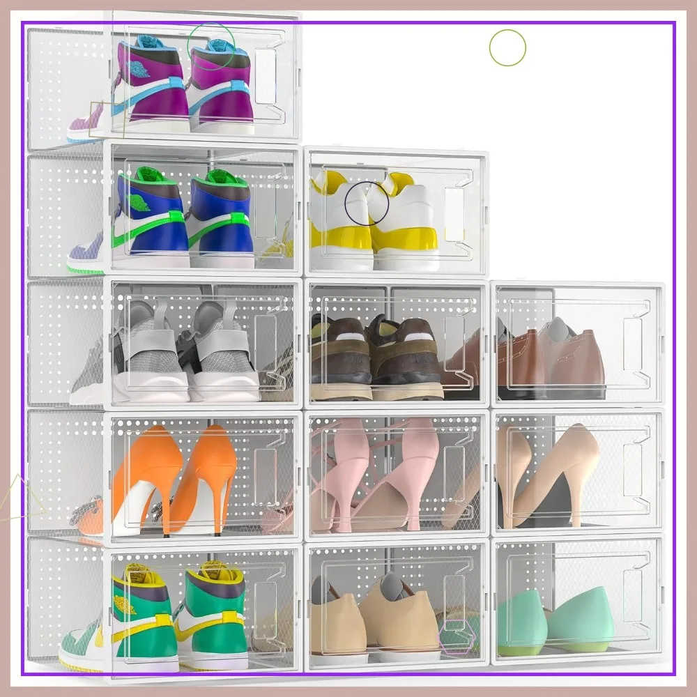 

12 Pack Large Clear Stackable Shoe Organizer Boxes with Lids, Modular Space-Saving Storage for Closet Sneakers Display
