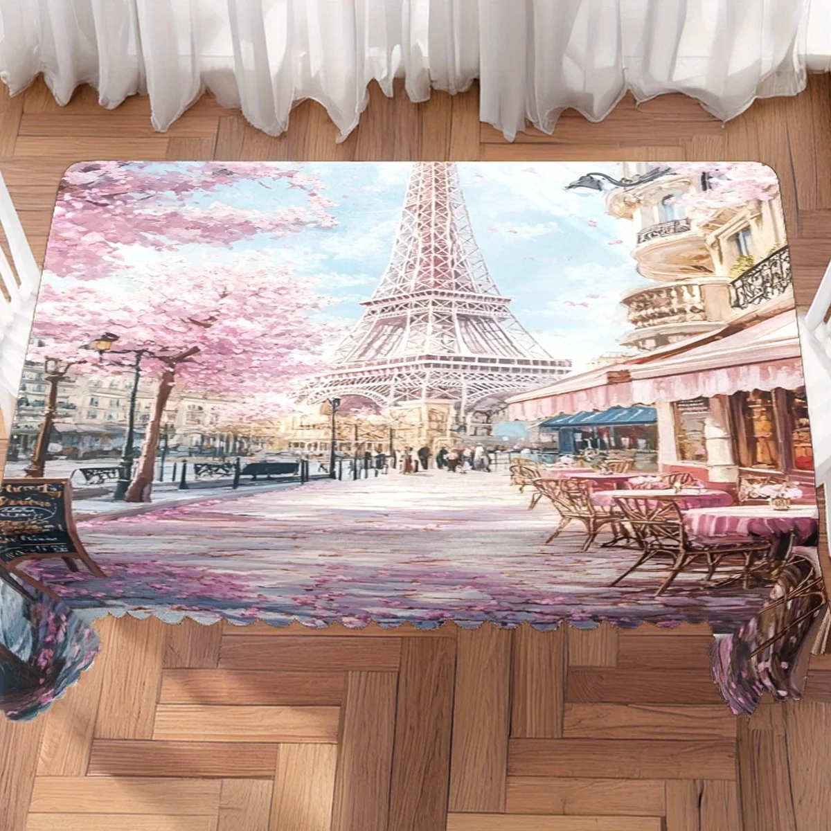 Romantic Paris Eiffel Tower Sakura Art Print Waterproof Tablecloth, Rectangular Table Cover Vintage European Family Table Decor