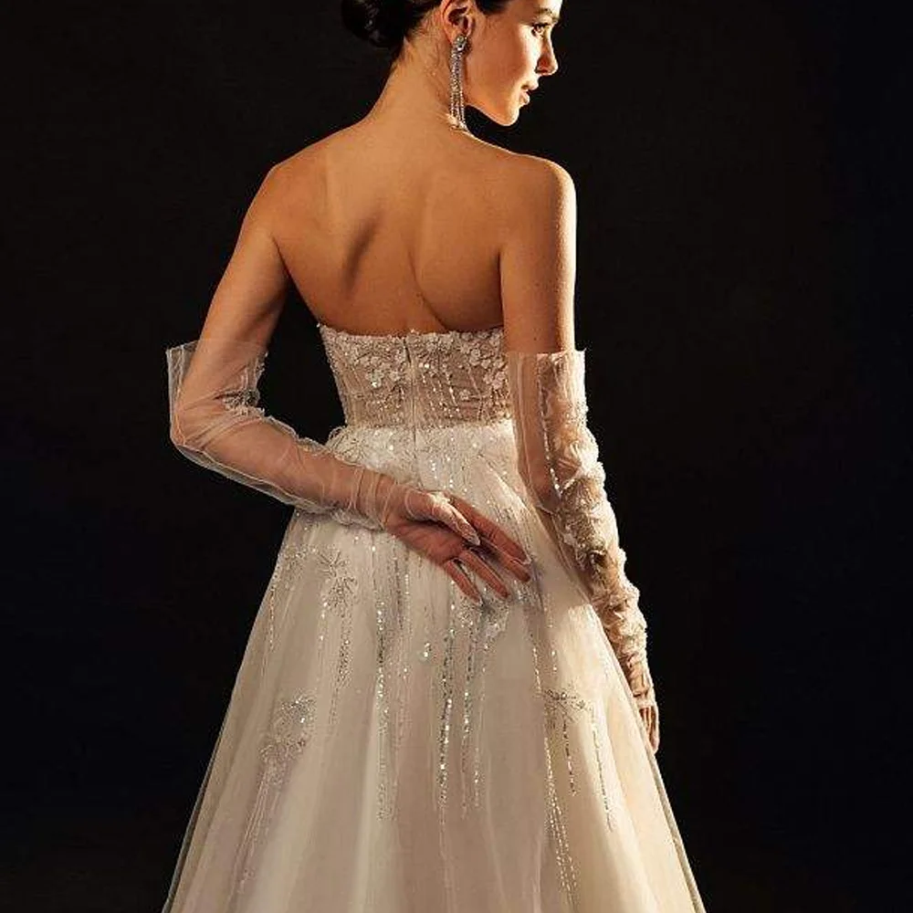 YCJ Strapless Wedding Dresses Sweetheart Neck A Line Bridal Grown Front High Slit Sequined Applique Customized Vestidos De Novia