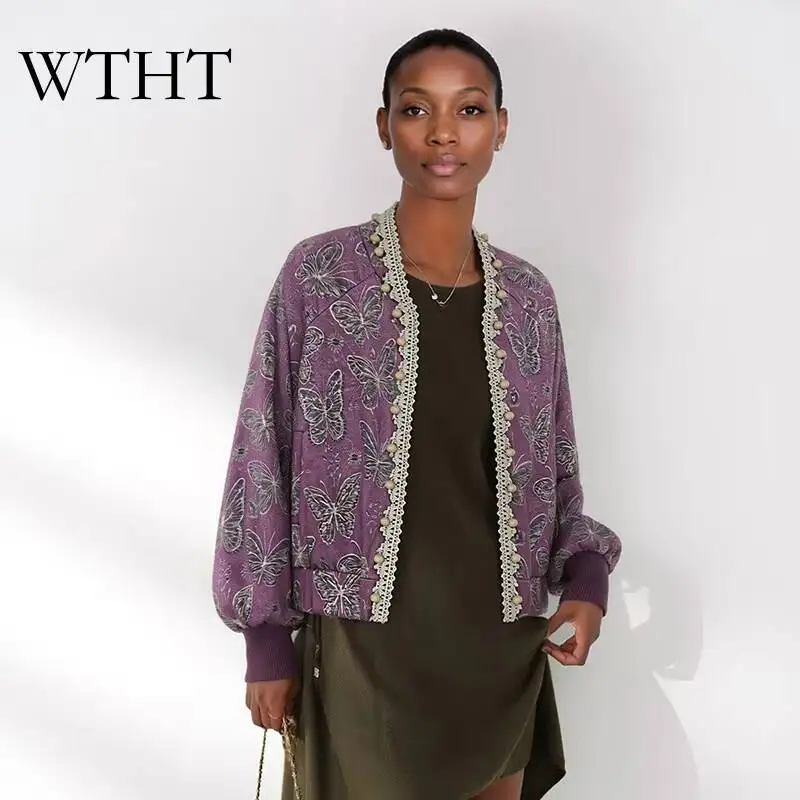 WTHT Vintage 2026 Autumn Women Butterfly Embroidery Elastic Hem Design Coat Lace Long-sleeve Round Neck Jacket Female 1LS3159