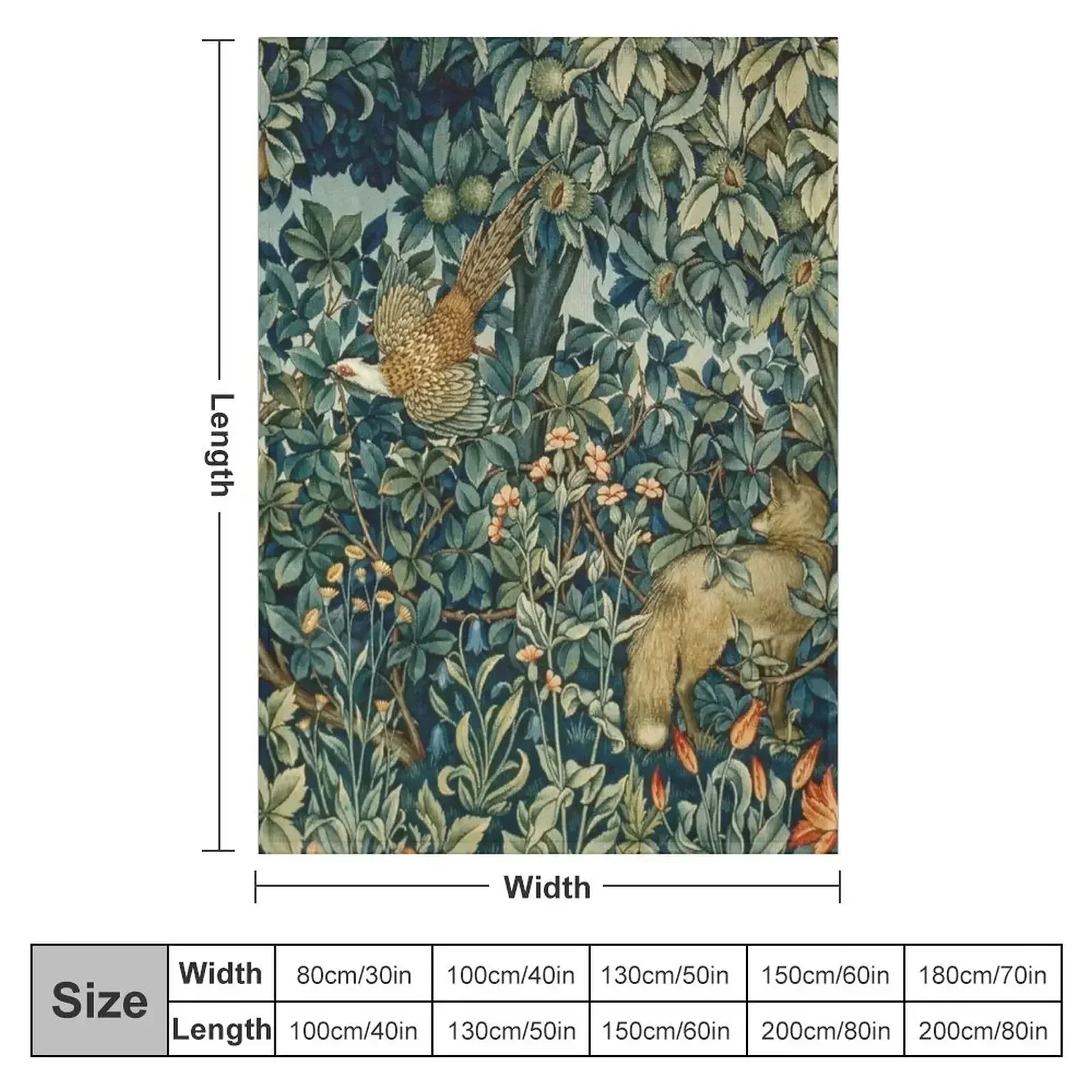 GREENERY, FOREST ANIMALS Pheasant and Fox Blue Green Floral Tapestry Throw Blanket