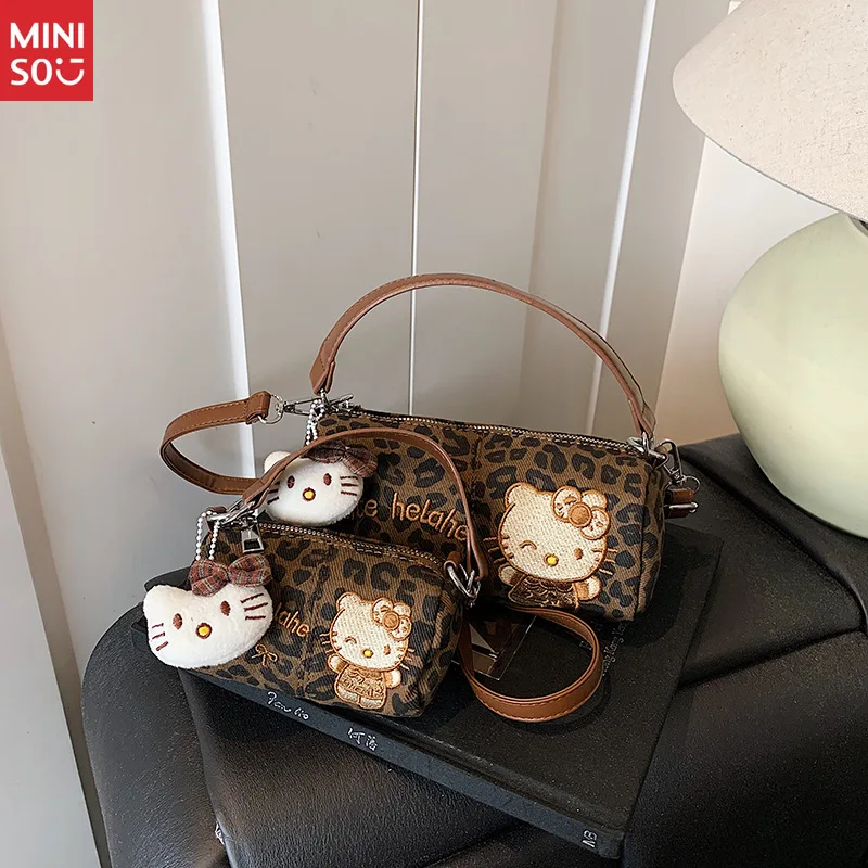 Miniso 2025 Fall Winter Hello Kitty Leopard Print Handbag, Cute Retro Crossbody Purse