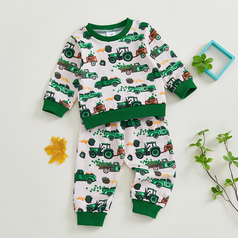 St Patrick s Day Boys Green Shamrock Print Long Sleeve Top and Pants Set with Drawstring Waist - 2 Piece Outfit Set for Irish