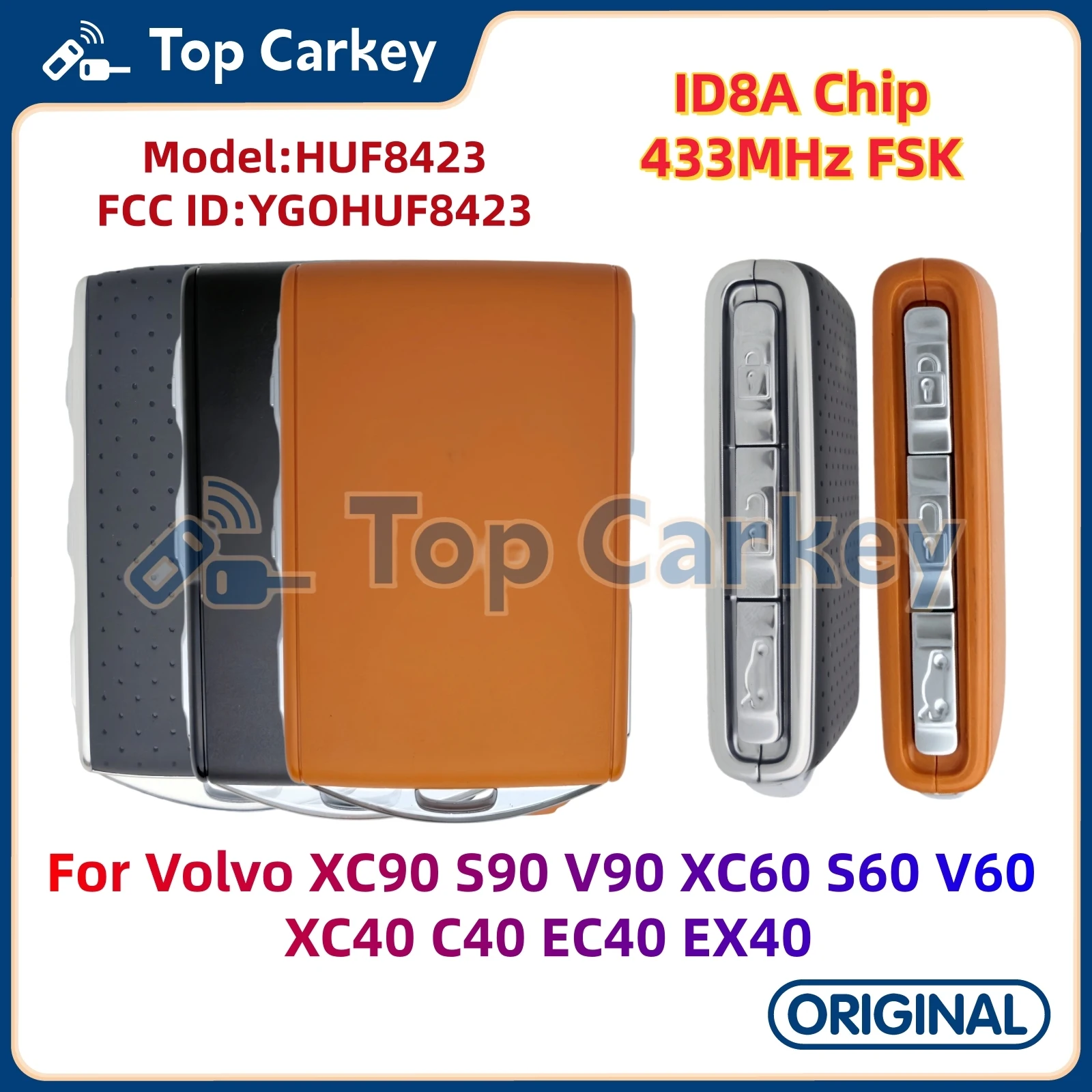 

TopCarkey YGOHUF8423 Original Smart Key 8A Chip 433MHz for Volvo XC90 S90 V90 XC60 S60 V60 XC40 C40 EC40 EX40