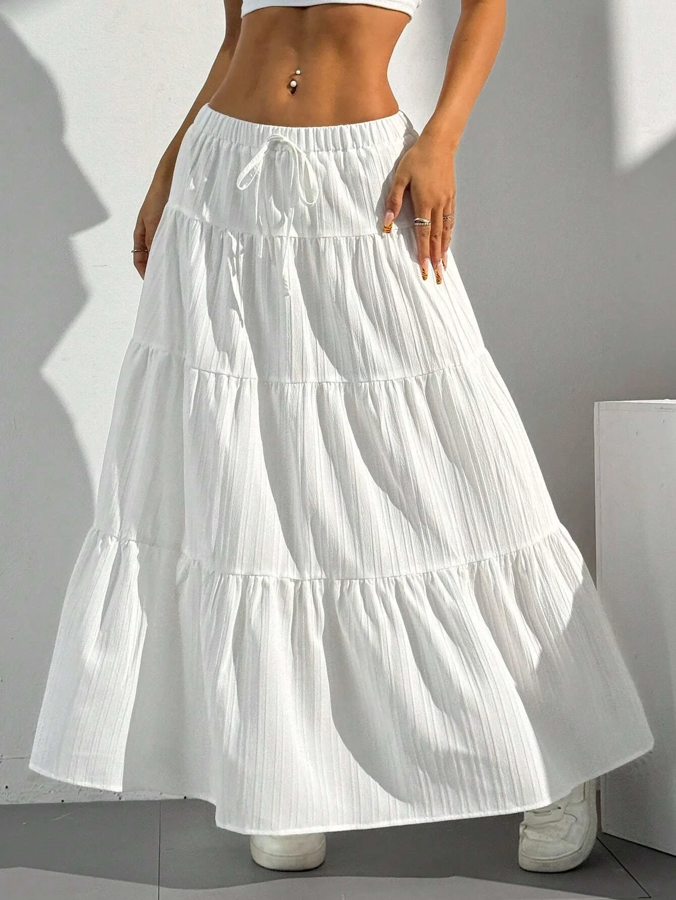 

Flowy Tiered Midi Skirt Elastic Waist Solid Color Casual Wear Women Fashion A-Line Pleated Skirt With Chiffon Layers