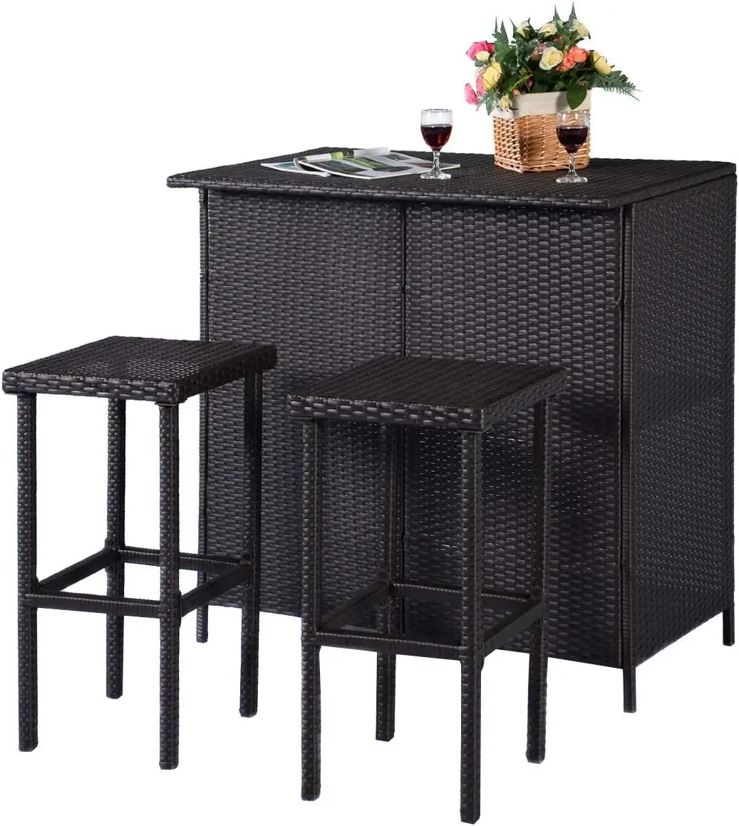 Outdoor Rattan Bar Set, 3PCS Wicker Bar Set Patio Outdoor Table & 2 Stools Furniture, Mix Brown