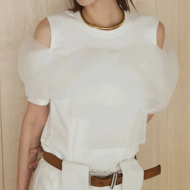 

Mesh Bow Splicing Fake Two Short Sleeves T-shirt For Women's Solid Summer Fashion Off-shoulder Casual Personalized Versatile Top