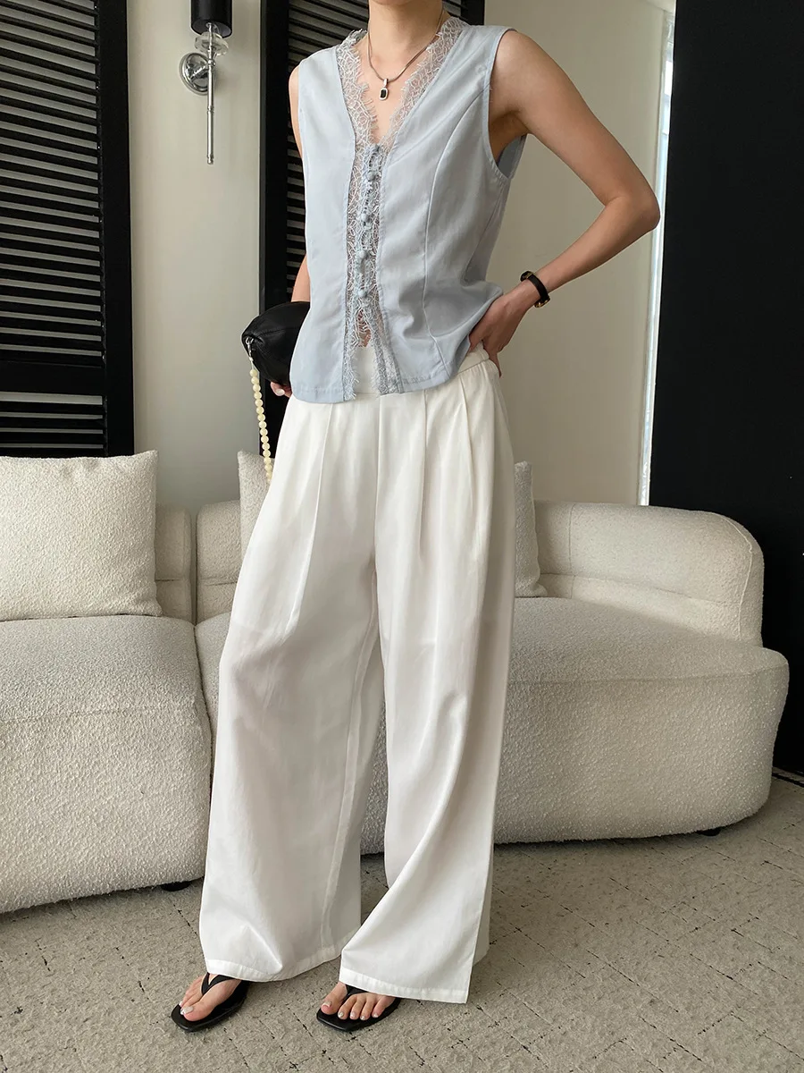 Sommerliche Damen-Freizeithose in Uni-Farbe, halb elastisch, hoher Bund, locker geschnitten, weites Bein – Detail 23