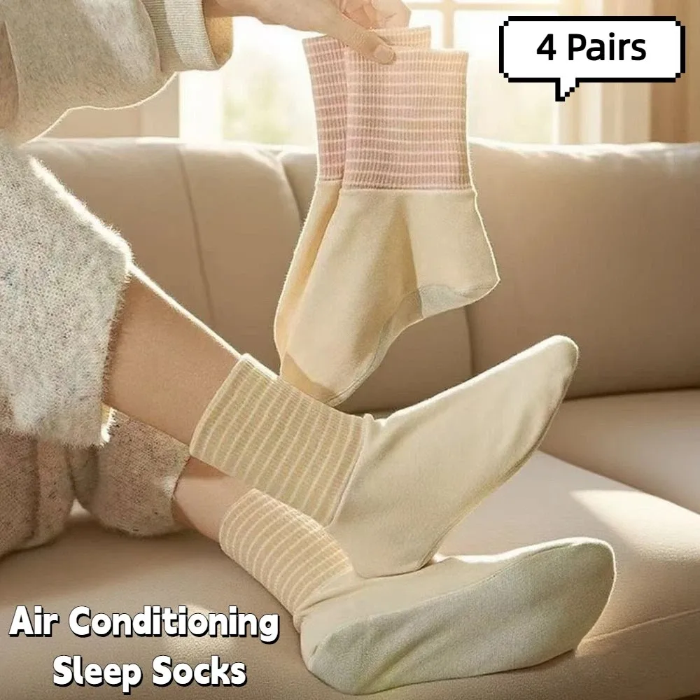 

4Pairs Patchwork Air Conditioning Sleep Socks Anti-slip Thicken Cartoon Stripe Socks Breathable Female Hosiery Middle Tube Socks