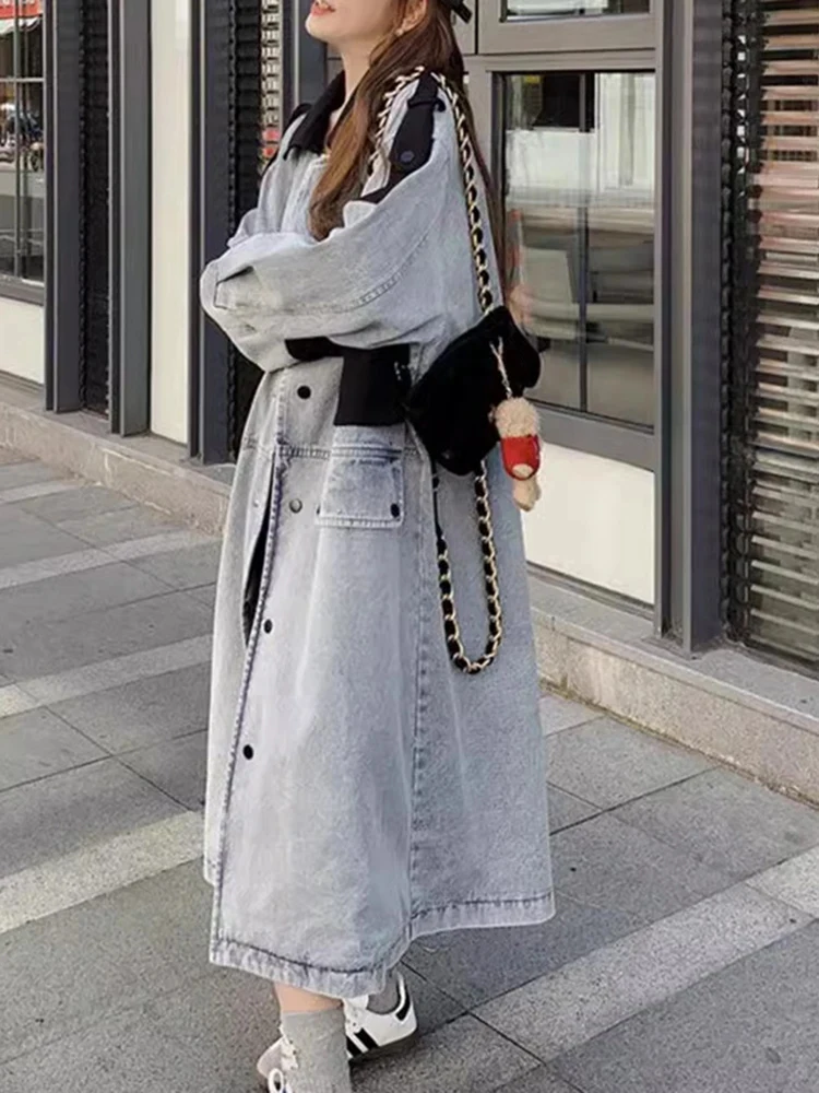 GVUW Denim Trench Coat Women Color Block Single Breasted Full Sleeve Lapel Medium Long Pockets New 2024 Fashion Tops 17G3008