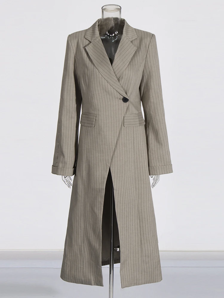 TWOTWINSTYLE Striped Ptchwork Pockets Irregular Trench For Women Lapel Long Sleeve Spliced Button Chic Loose Long Coats Female