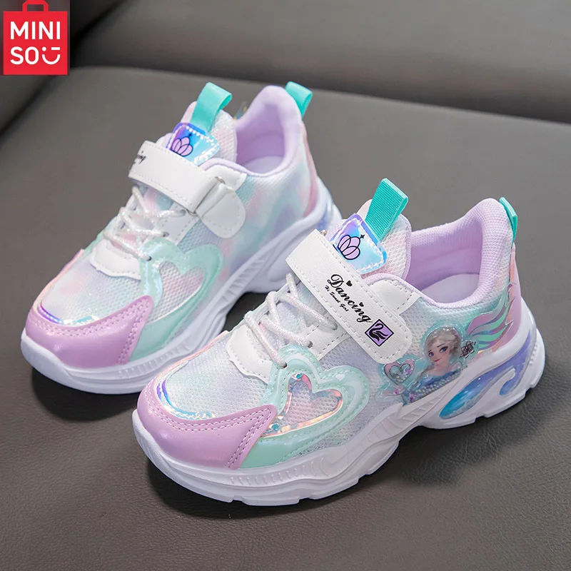 

Miniso Elsa Princess Sneakers for Girls 2025, Breathable Mesh Running Shoes for Spring & Summer