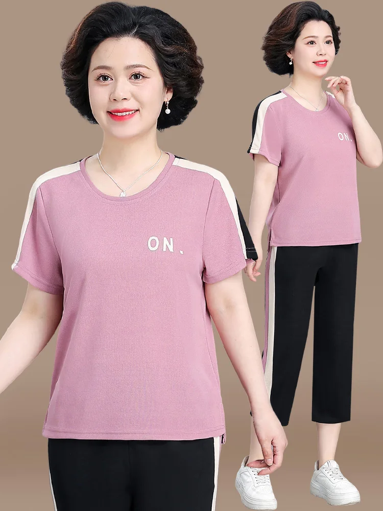 

Casual Sportswear Set for Middle-Aged Mothers Summer ort-Sve T-irt Women's Loose Fit Seven-Piece Pants Polyester Fiber