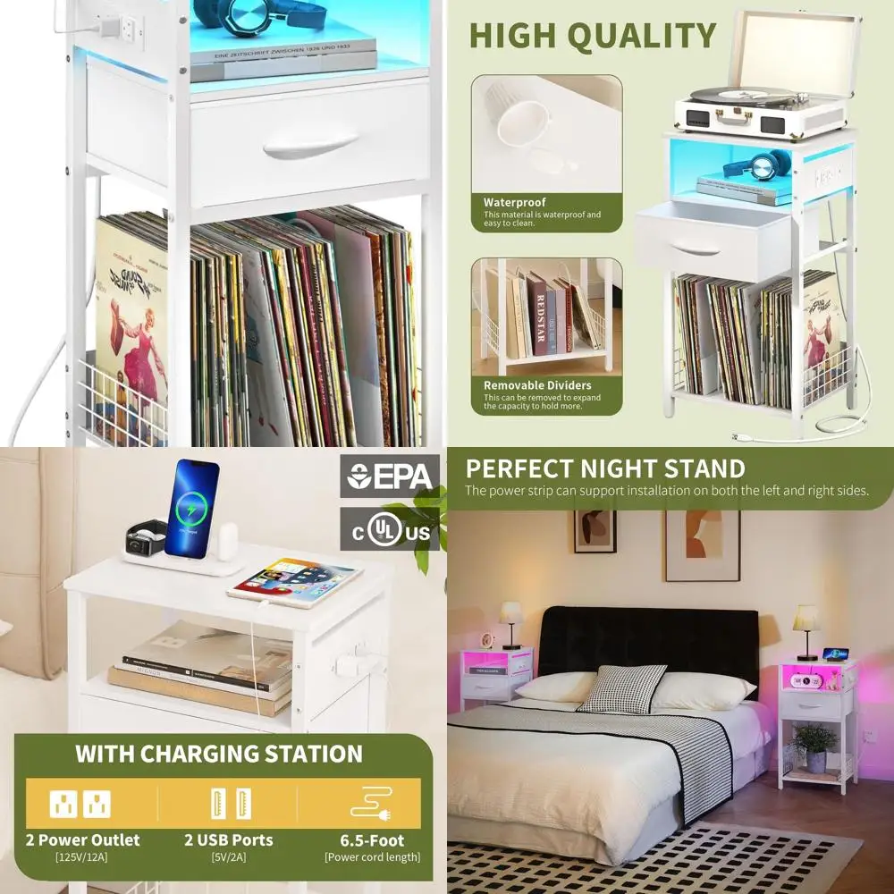 

3-х уровневая белая тумбочка со светодиодной подсветкой, ящиком и зарядной станцией для гостиной и спальни, идеально подходит для проигрывателей и винилов St.