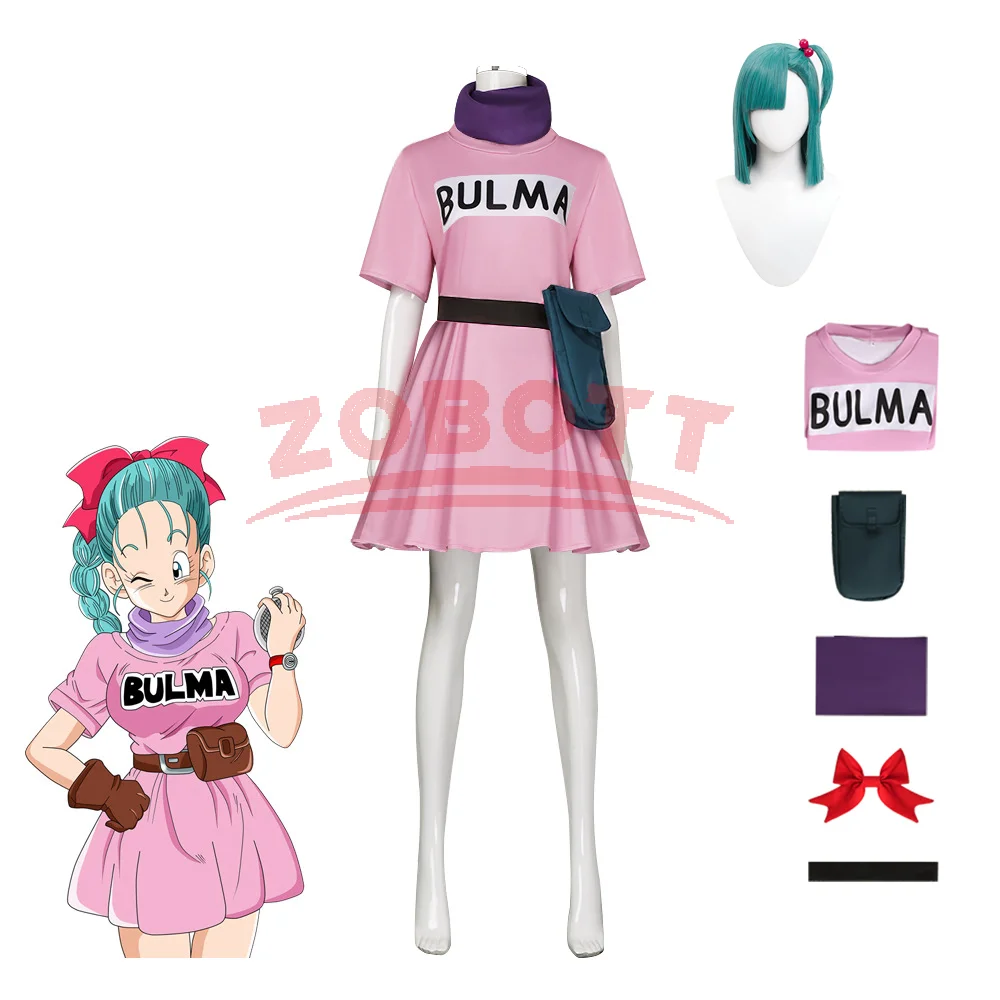 

Anime Bulma Cosplay Costume Wig Pink Dress Uniform Kawaii Girls Full Set Outfits Carnival Masquerade Party for Adult Women