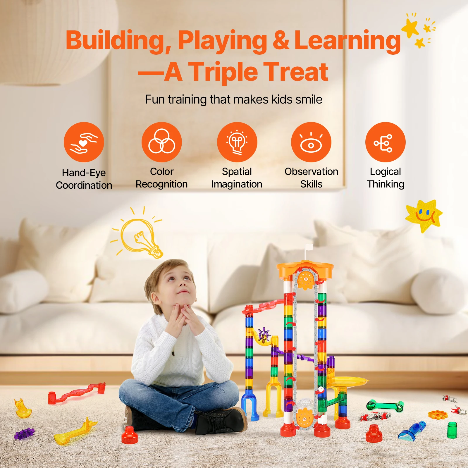 SucceBuy Marble Run Set 153 шт. с моторизованным лифтом и 30 пластиковыми шариками, мраморный лабиринт, строительный блок, гоночная дорожка для игры на мозг