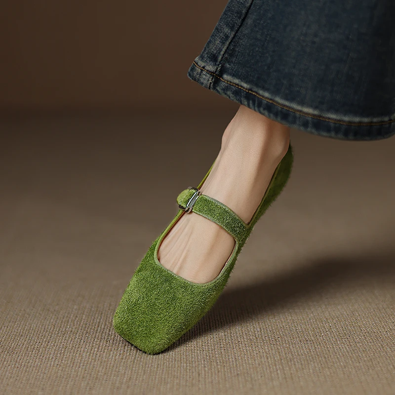 Woman Ballet Flats Spring Simple Shoes Girls Mary Jane Square Toe Flats Genuine Leather French Style One Strap Simple Shoes