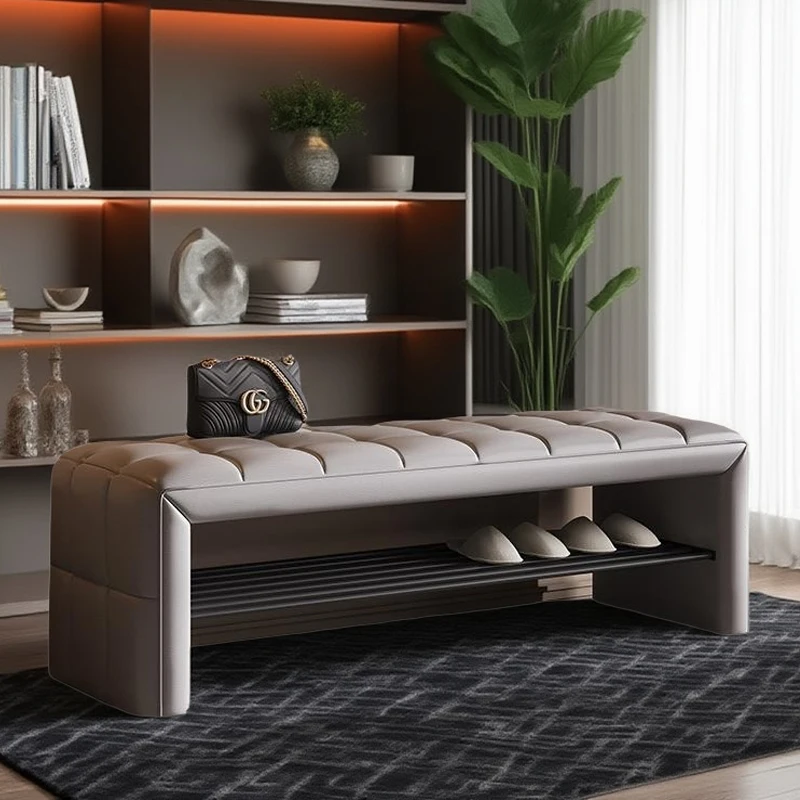 

Household door-to-door entrance shoe-changing stool sofa stool villa cloakroom long strip shoe stool light luxury high-end leath