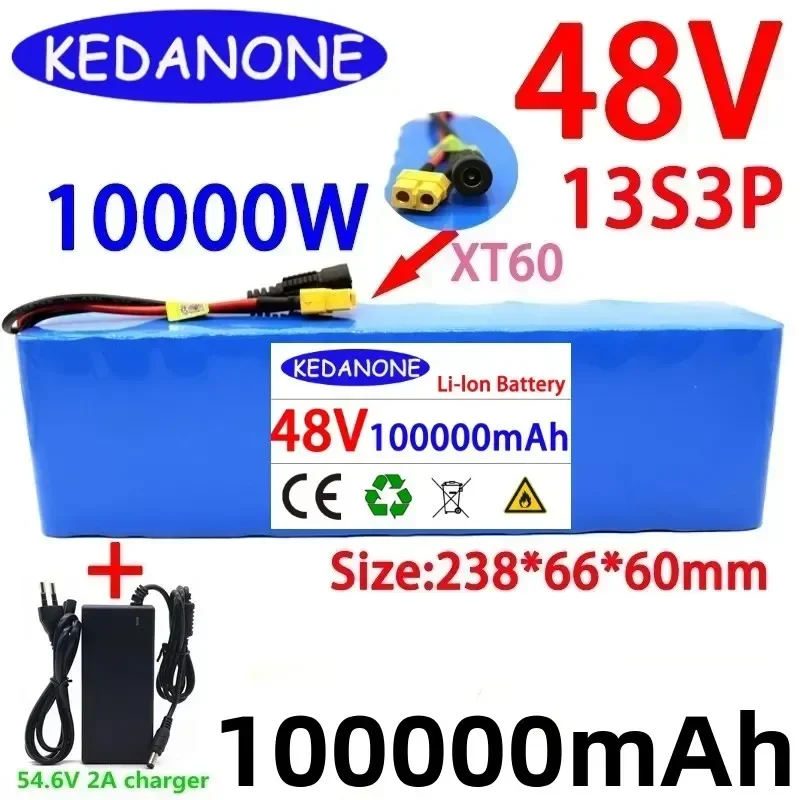 Batería para Bicicleta Eléctrica, Pila de Iones de Litio, 48V, 100000 mAh, 1000 W, 13S3P, XT60, 100 Ah, BMS, Cargador 54,6 V, No